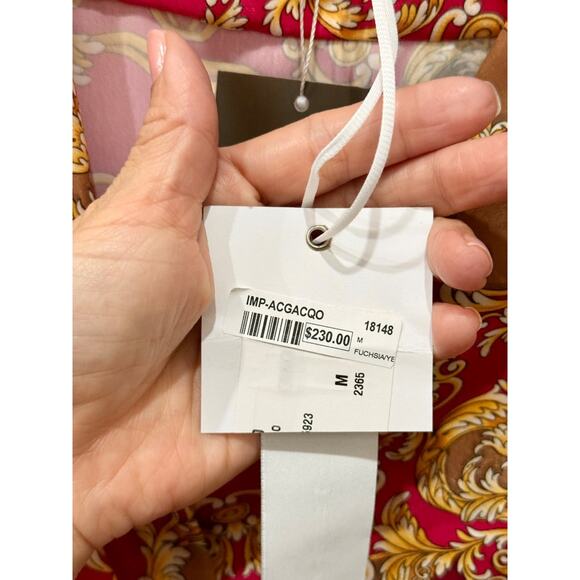 NWT Imperial Printed Silky Faux Wrap Midi Dress Burgundy/Yellow/Black Women's L - Picture 5 of 5